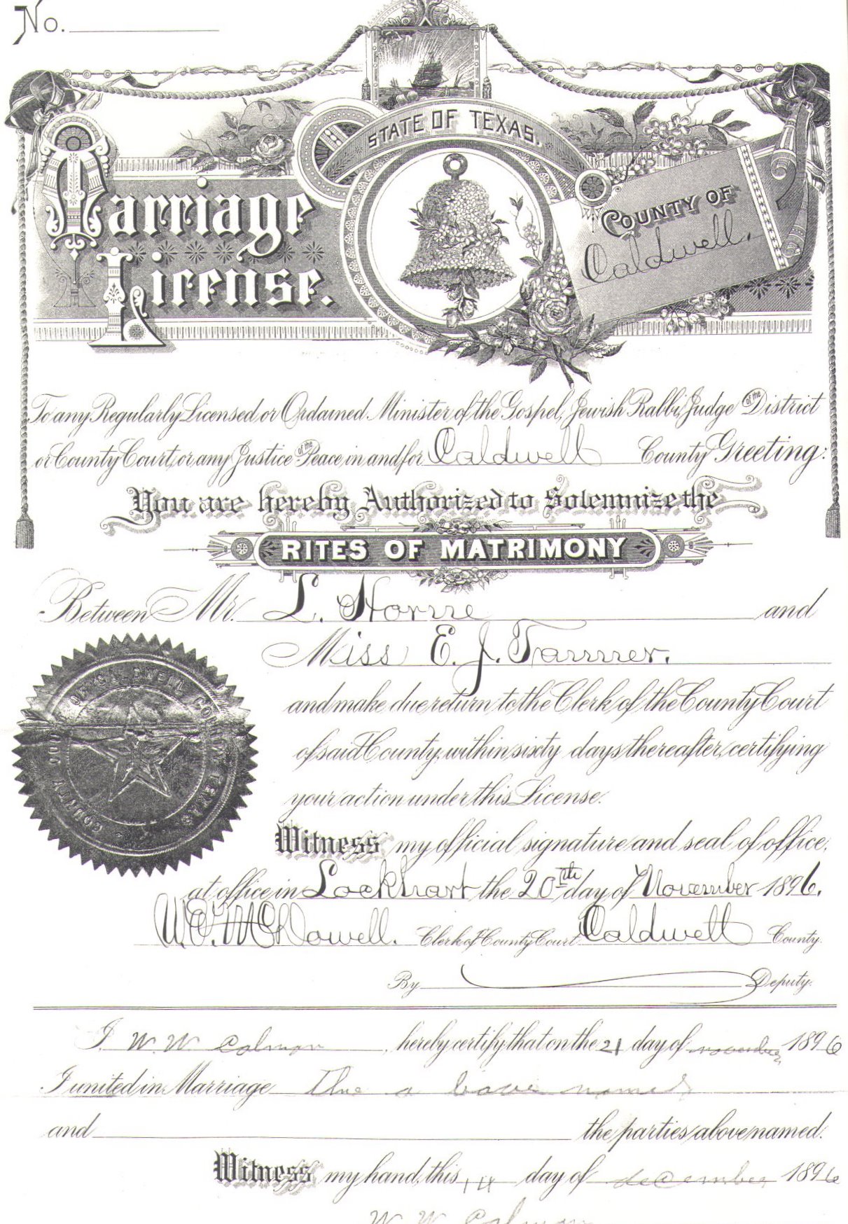 Original Caldwell Marriage License