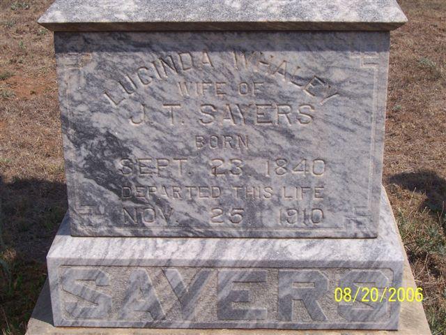 Tombstone of Lucinda Whaley Sayers (1840-1910)