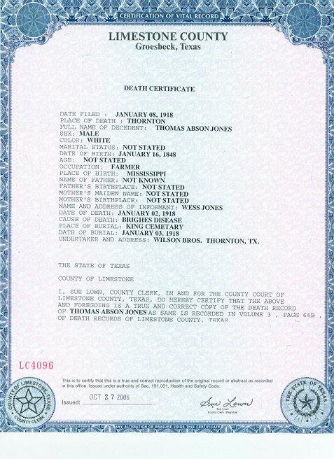 Thomas Jones Death Certificate