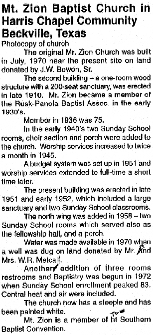 Mt Zion Backtist Church article, Panola County, Texas